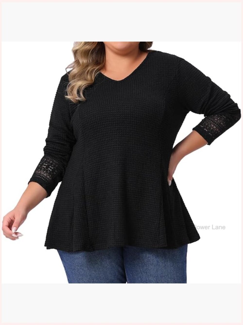 Plus Size Waffle Knit V Neck Lace Long Sleeve Blouse